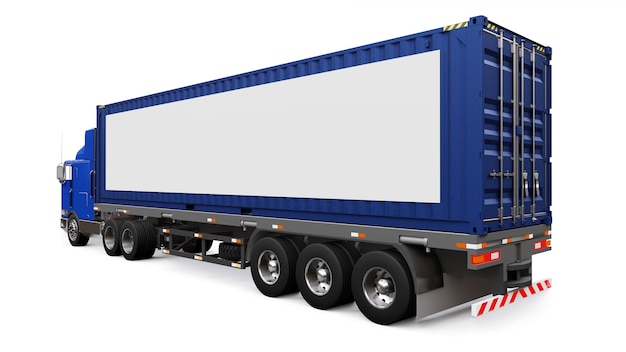 Ein großer Retro-Truck mit einem Schlafteil und einer aerodynamischen Erweiterung trägt einen Anhänger mit einem Seecontainer. Auf der Seite des Lastwagens befindet sich ein leeres weißes Poster für Ihr Design. 3D-Rendering.