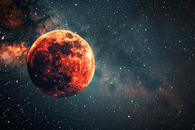 Ein großer roter Mond dominiert die Mitte des Bildes gegen den Hintergrund eines roten Himmels voller Sterne Ein himmlisches Meisterwerk mit einem roten Mond und funkelnden Sternen