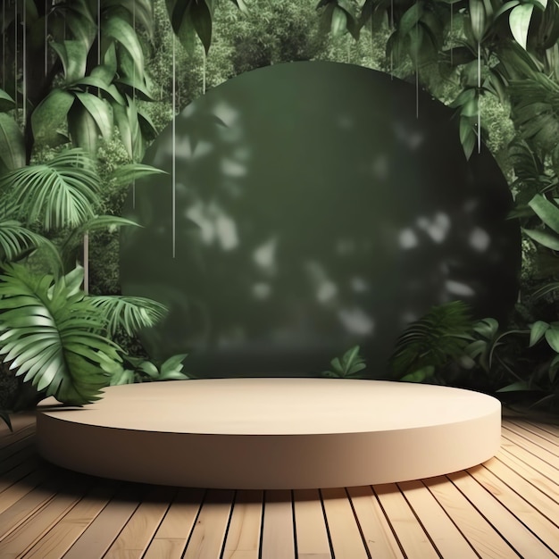 Ein großer runder weißer Kreis vor einer Dschungelwand mit grünen Blättern.
