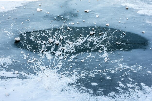 Ein großer Schneeblock fiel auf die eisige Oberfläche des gefrorenen Flusses Winterhintergrund und Eistextur