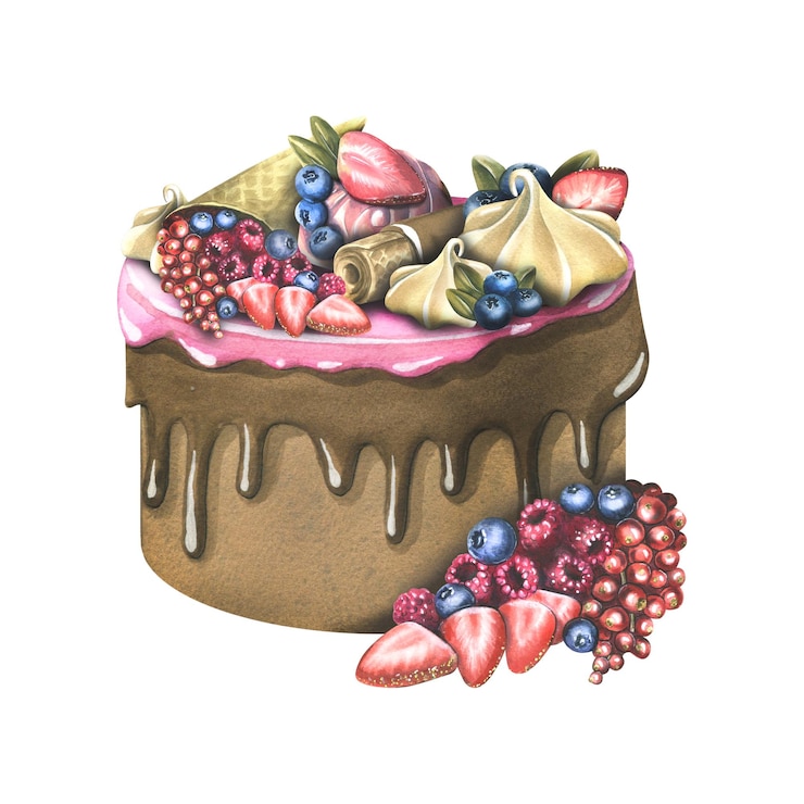 Foto ein großer schokoladenkuchen mit sahnehäubchen, beerenwaffeln und baiser aquarellillustration ein isoliertes objekt aus einer großen reihe von süßigkeiten für dekorationsdesign und komposition logo-menüetikett