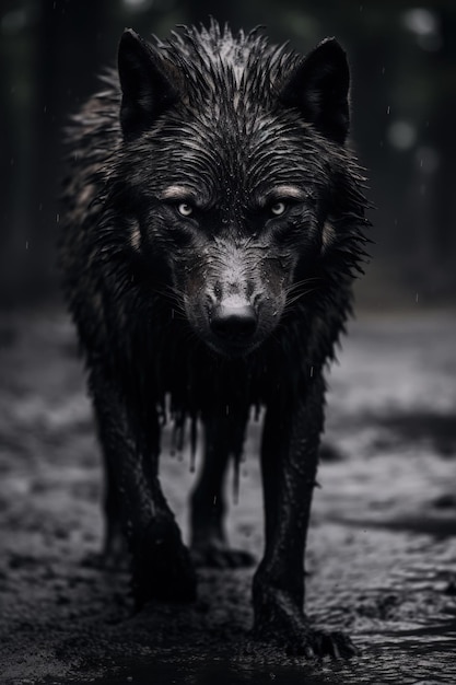 Ein großer schwarzer Wolf, der im Regen knurrt. Generative KI