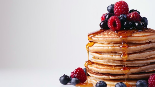 Ein großer Stapel Vollkorn-Pancakes mit Beeren und Ahornsirup