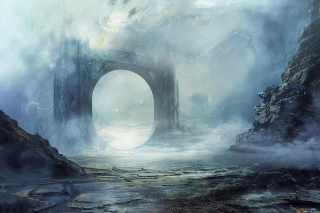 Ein großer steinerner Bogen, umhüllt von Nebel, steht vor einem riesigen unbekannten Reich, einem mystischen Portal, das zu einem unbekannten Königreich führt, umhütet von Nebel und Geheimnis.