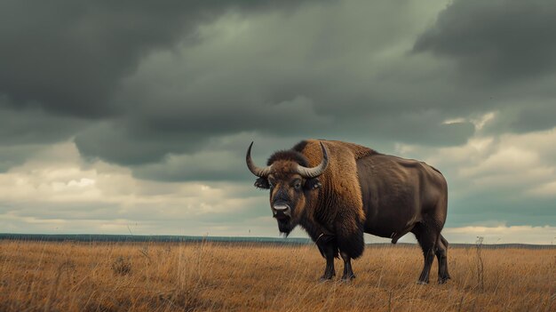 Ein großer Stierbison steht in einem grasbewachsenen Feld und schaut in die Kamera mit einem dunklen und stürmischen Himmel im Hintergrund