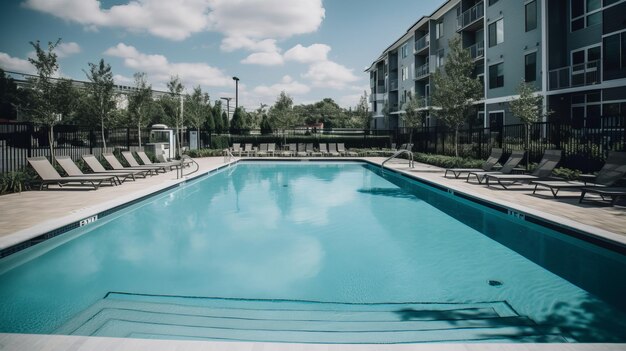 Ein großer Swimmingpool in einem Luxushotelkomplex wurde von KI generiert