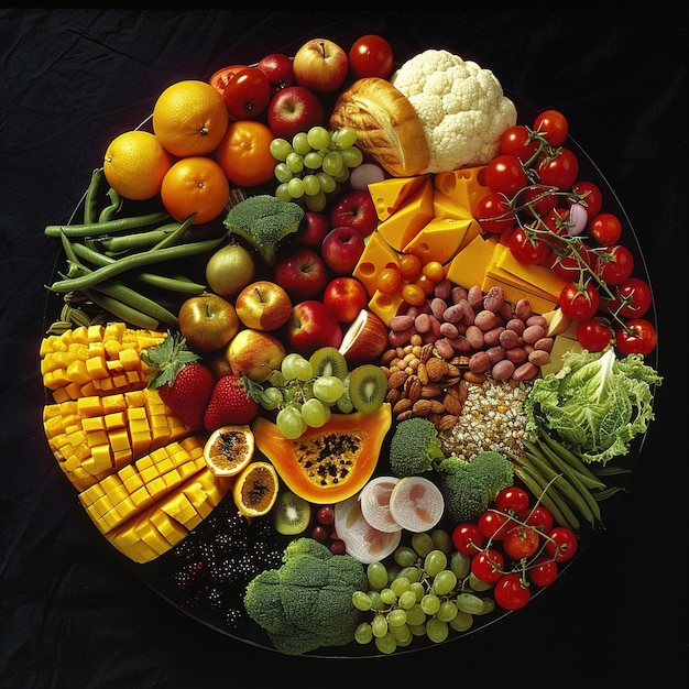 ein großer Teller mit Obst und Gemüse, darunter Brokkoli, Blumenkohl und andere Früchte