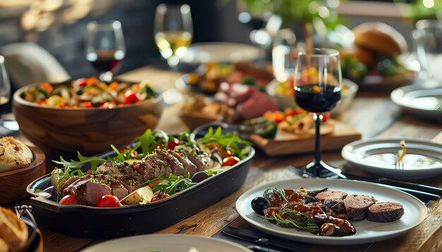 Ein großer Tisch ist mit einer Vielzahl von Speisen bedeckt, darunter Fleisch und Gemüse