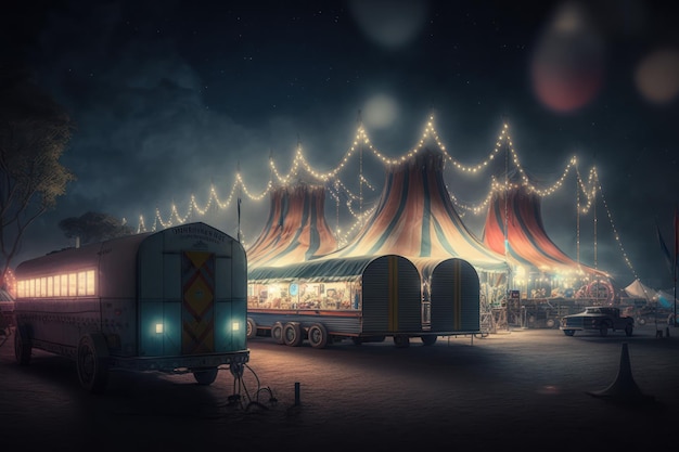 Ein großer und berühmter heller und farbenfroher Zirkus mit einem Vergnügungspark, Anhängern, Lastwagen und Wohnmobilen