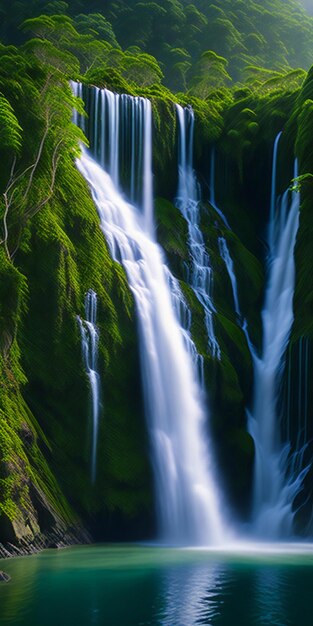 Foto ein großer wasserfall inmitten eines üppig grünen waldes