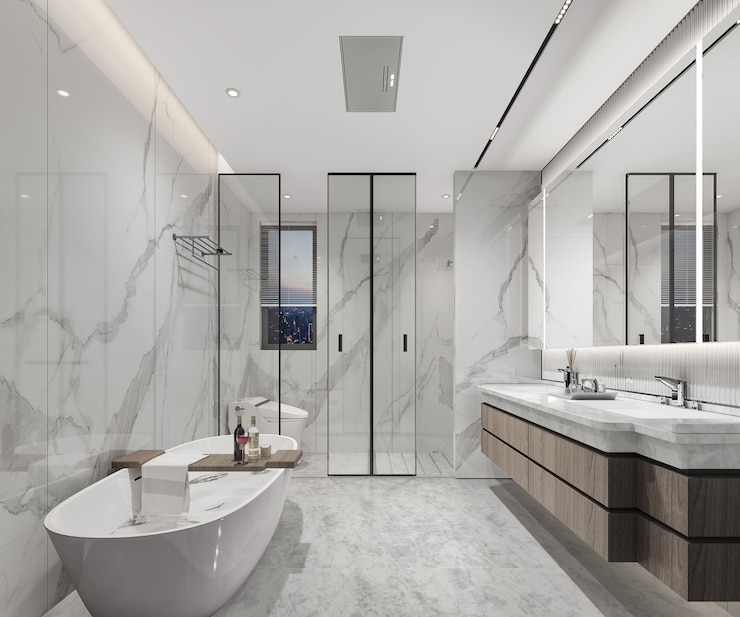 Foto ein großes badezimmer mit einer großen wanne und zwei waschbecken