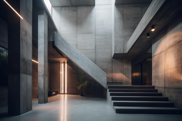 Ein großes Betongebäude mit Betonboden und einer Treppe mit Licht oben.