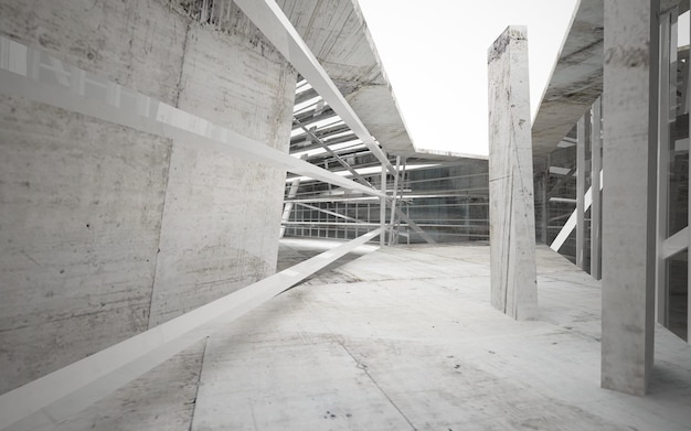 Ein großes Betongebäude mit weißem Hintergrund und vielen Stahlstangen.