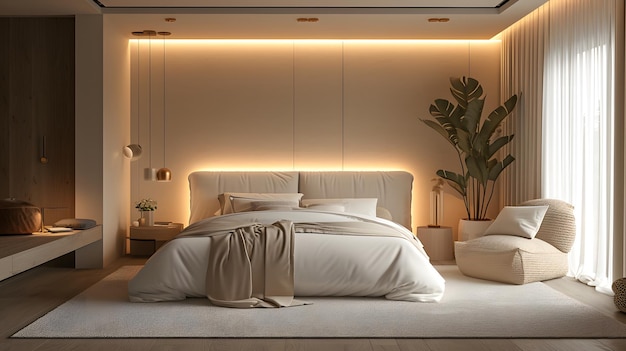 Ein großes Bett befindet sich in einem geräumigen Raum mit einer weißen Decke und Wänden mit natürlichem Licht