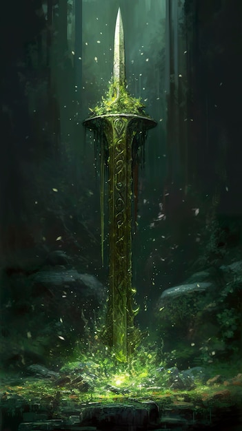 Ein großes Bild eines grünen Schwertes im Stil schmelzender dunkler Themen von Michal Lisowski, UHD-Bild, Aquarellist, Kräutertrippe, Generat Ai