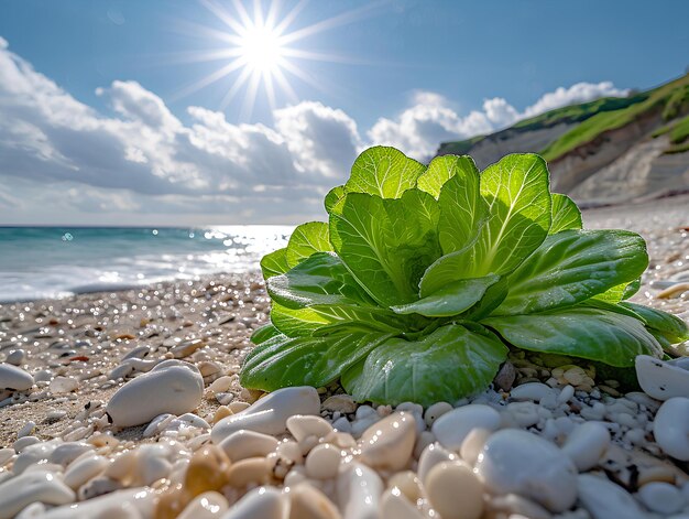 Ein großes Blatt wächst aus dem Sand