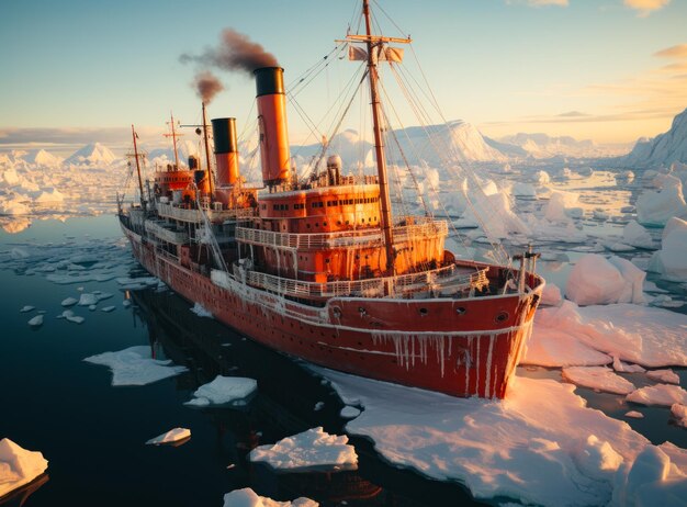 Ein großes Boot, das auf eiskaltem Wasser schwimmt, ein massives Boot, das durch eine gefrorene Landschaft fährt