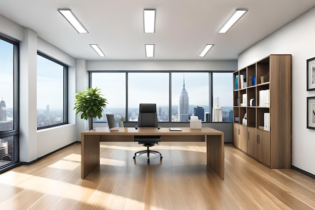 Ein großes Büro mit einem großen Fenster und einem Schreibtisch mit einem Bücherregal und einem Baum darauf.