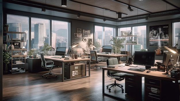 Ein großes Büro mit einem großen Fenster und einem Schreibtisch mit Stuhl und einem Schild mit der Aufschrift „Büro“.
