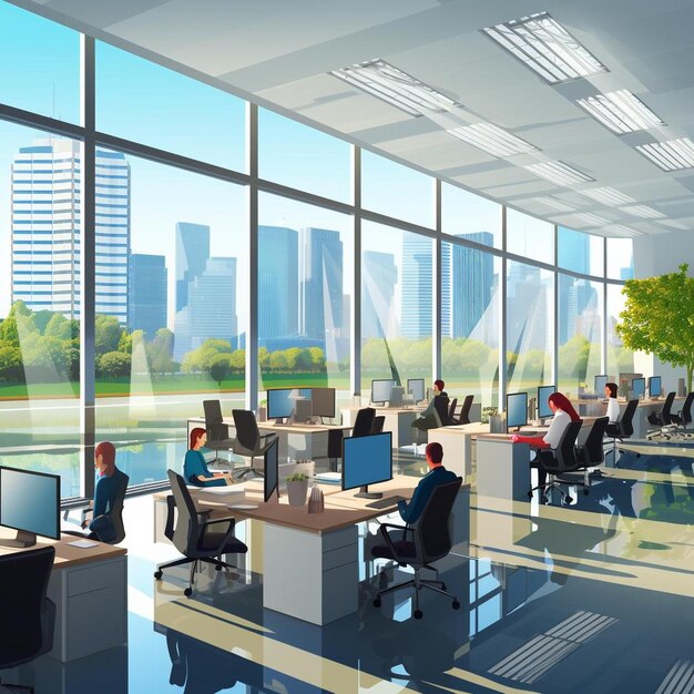 Foto ein großes büro mit menschen, die darin arbeiten, und ein großes fenster mit der stadt-skyline im hintergrund