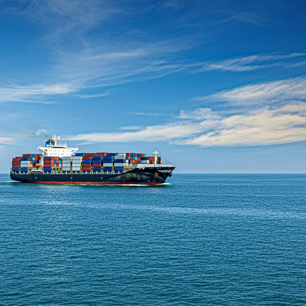 Ein großes Containerschiff fährt im Meer