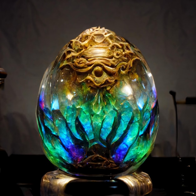 Ein großes Ei mit einem Gesicht aus Glas.