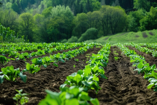 Ein großes Feld grüner Pflanzen mit Bäumen im Hintergrund