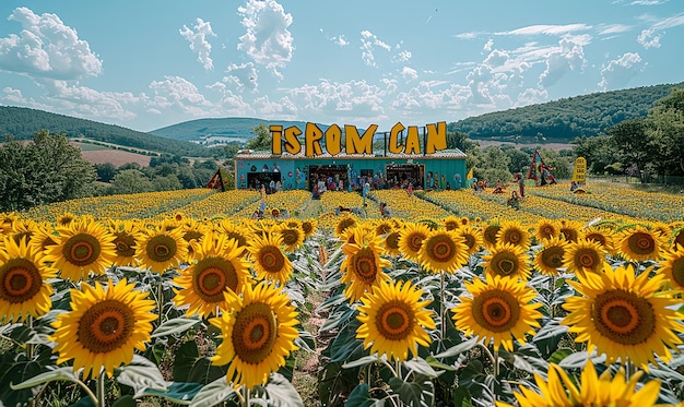 ein großes Feld von Sonnenblumen mit den Wörtern Canola auf der Vorderseite