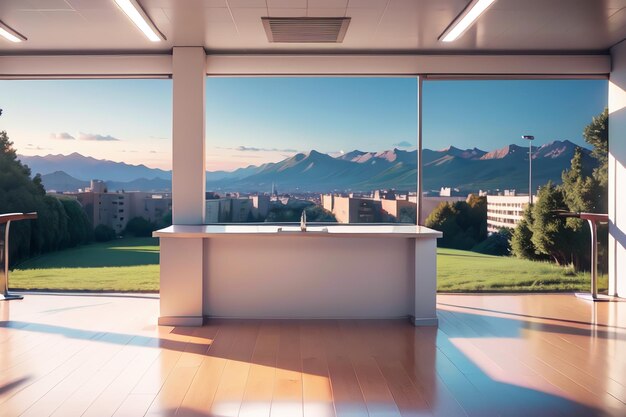 Foto ein großes fenster mit blick auf die berge im hintergrund