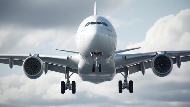 ein großes Flugzeug, das durch einen bewölkten Himmel fliegt