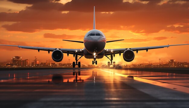 Ein großes Flugzeug fliegt über eine Start- und Landebahn in Richtung Sonnenaufgang mit strahlendem Sonnenschein