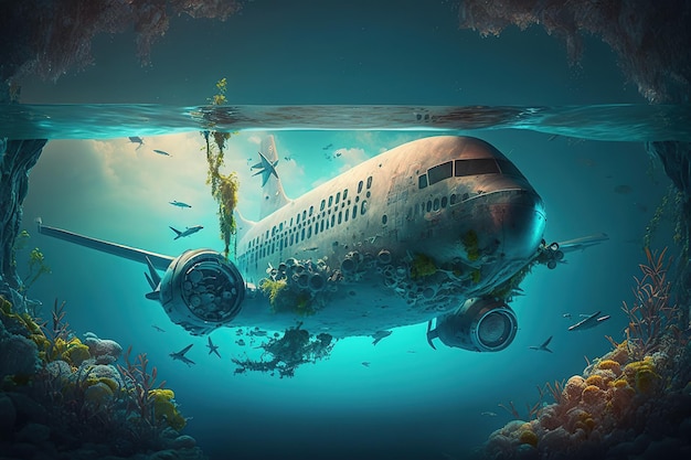 Ein großes Flugzeug oder Flugzeug unter Wasser, das mit Grünalgen bedeckt ist