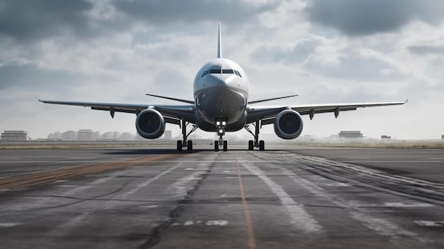 Ein großes Flugzeug startet auf der Startbahn Das Konzept der Passagier- und Frachtluftfahrt, das von KI generiert wird