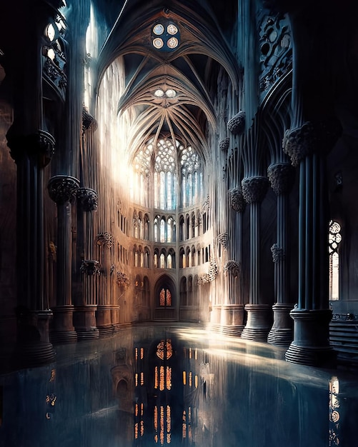 Ein großes Gebäude mit einem großen Wasserbecken und einem großen Fenster, auf dem „Kathedrale“ steht