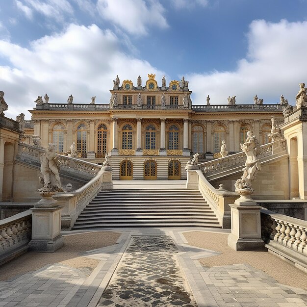 ein großes Gebäude mit einer Treppe, auf der der Name des Palastes steht