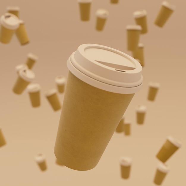 Ein großes Glas für Kaffee auf einem pastellfarbenen Hintergrund mit Mustern von Tassen darauf. 3D-Rendering