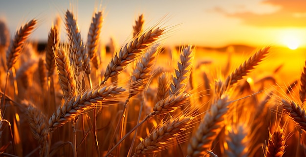 Ein großes goldenes Weizenfeld in Nahaufnahme von einem KI-generierten Bild des Landwirtschaftskonzepts