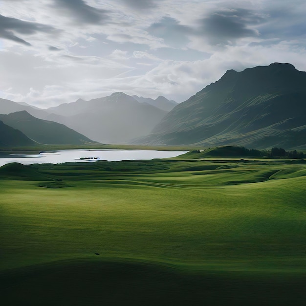 Ein großes grünes Feld mit einem See und Bergen im Hintergrund