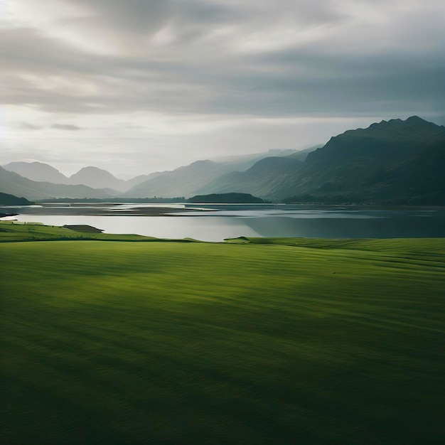 Ein großes grünes Feld mit einem See und Bergen im Hintergrund