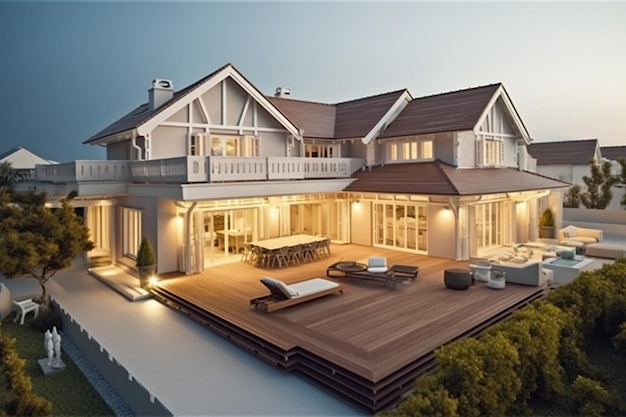Ein großes Haus mit einer großen Terrasse und einer großen Terrasse mit einer großen Terrasse und einer großen Terrasse