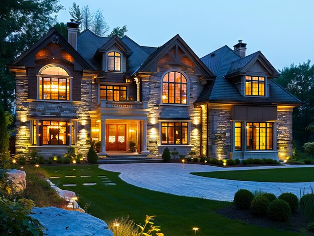 Ein großes Haus mit Stein- und Holzverkleidung