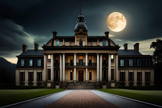 Ein großes Herrenhaus mit Vollmond am Himmel