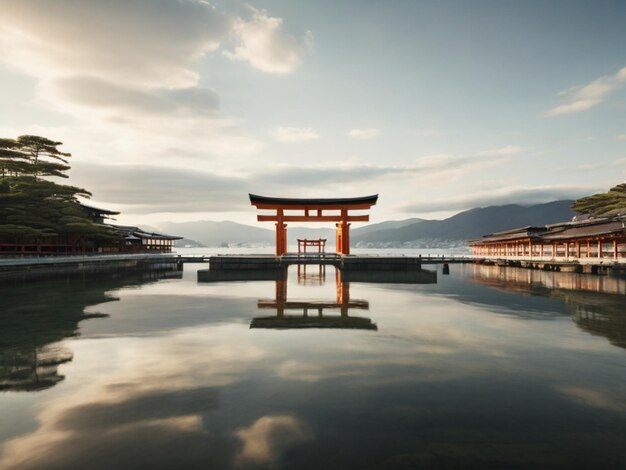 ein großes hölzernes Torii spiegelt sich im Wasser wider