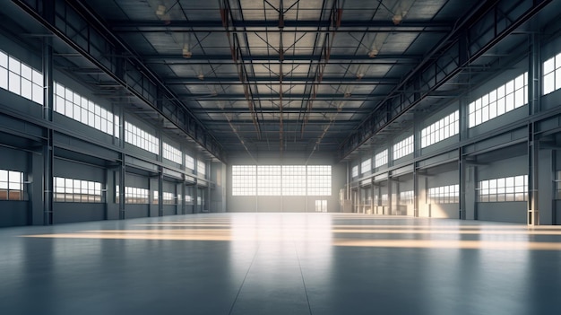 Ein großes Industrielager mit einem riesigen leeren Raum ist für die Lagerung und Sortierung von Waren im Tageslicht vorbereitet.