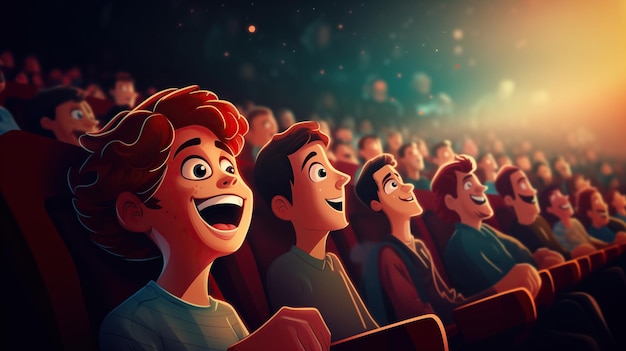 Foto ein großes jubelndes publikum in einem kino schaut sich eine herzerwärmende komödie an