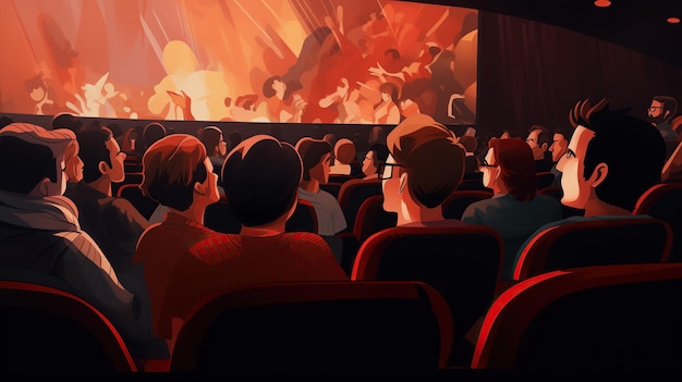 Ein großes jubelndes Publikum in einem Kino schaut sich eine herzerwärmende Komödie an