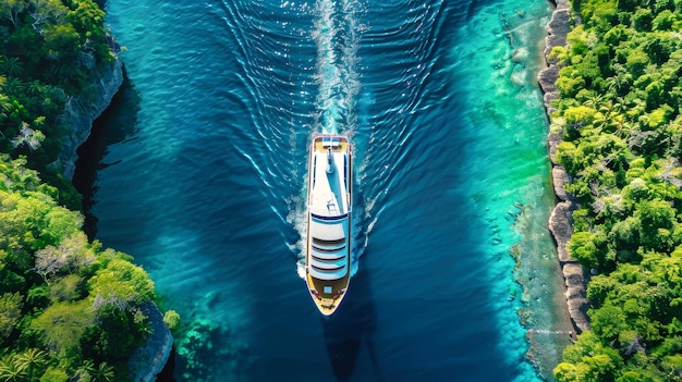 Ein großes Kreuzfahrtschiff fährt unter klarem Himmel durch einen Fluss, der von üppigen tropischen Landschaften umgeben ist