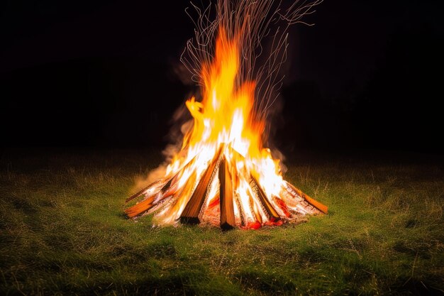 Ein großes Lagerfeuer brennt nachts mit Funken, die in die Luft fliegen