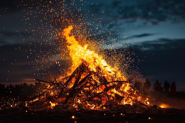 Ein großes Lagerfeuer mit Funken, die in der Feuernacht in den Nachthimmel fliegen