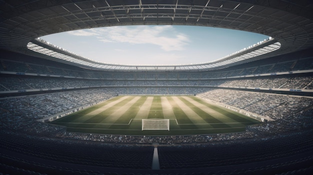 Ein großes leeres Stadion mit vielen leeren Sitzen und einem blauen Himmel.